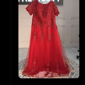 Elegant Red Lace Evening Gown With Corset Back. Beautiful beading.  Size 20W